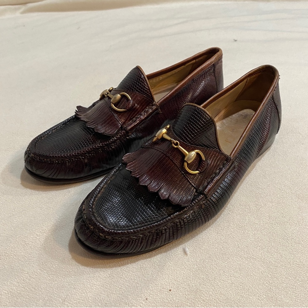 Gucci Brown Snakeskin Vintage Loafers with Fringe Detail 38/Womens 8